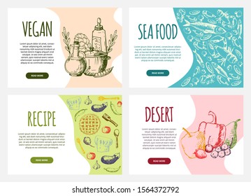 Various delicious healthy food set of websites pages landing banner templates design vector illustration. Restaurant, cafe, online ordering delivery, recipes. Vegan, seafood, desserts.
