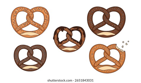 Vários pretzels deliciosos com diferentes coberturas e revestimentos para o prazer do snacking