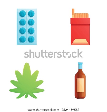 Various dependency icons set cartoon vector. Drug, alcohol and smoking addiction. Destructive habit, unhealthy lifestyle