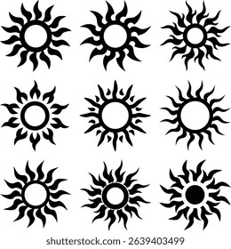 Various depictions of a sun are displayed in a grid. Each one features slightly different ray formations extending outward from the central circle.