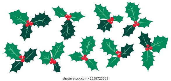 Various design christmas holly berries flat illustration. Green leaves and red berries element isolated on white background