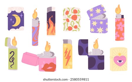 Various design lighters. Print on lighter, plastic metal smoking equipment. Decorative fire and kindling hand tools. Stylish racy vector colorful set