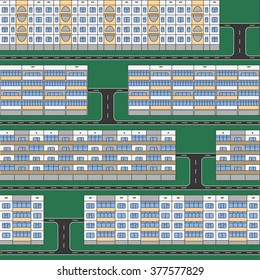 Various design linear color facades of panel houses sleeping quarters isolated on green grass seamless vector pattern. Classic blocks of flats architectural symbols and design elements with driveways