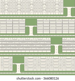 Various design linear facades of panel houses sleeping quarters isolated on green grass seamless vector pattern. Classic blocks of flats architectural symbols and design elements with driveways