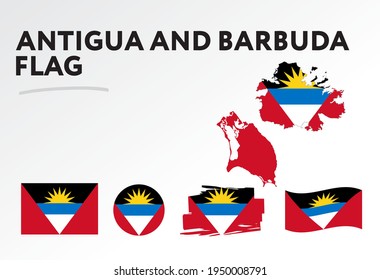 Various designs of the Antigua and Barbuda flag and map. World flags. Vector set. Circle icon. Brush stroke. Template for independence day.