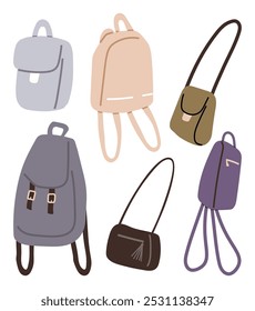 Various designs of backpacks and shoulder bags with different strap styles and closures. Elegant color palette emphasizes minimalism. Ideal for fashion bloggers, e-commerce, design inspirations