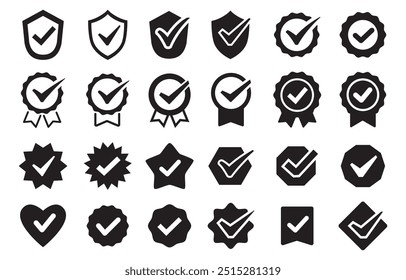 Various designs of black checkmark badge icons, certification marks