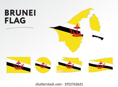 Verschiedene Designs der Brunei Flagge und Karte. Weltflaggen. Vektorset. Circle Icon. Pinselstrich. Vorlage für den Unabhängigkeitstag.