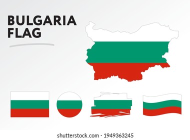 Various designs of the Bulgaria flag and map. World flags. Vector set. Circle icon. Brush stroke. Template for independence day.