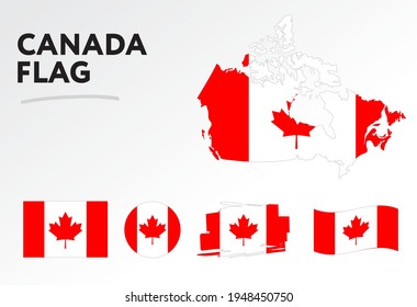 Various designs of the Canada flag and map. World flags. Vector set. Circle icon. Brush stroke. Template for independence day.