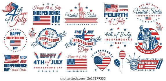 Various designs celebrating Fourth of July features patriotic themes with stars and stripes and elements like fireworks and the Statue of Liberty for Independence Day decorations.