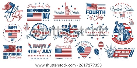 Various designs celebrating Fourth of July features patriotic themes with stars and stripes and elements like fireworks and the Statue of Liberty for Independence Day decorations.