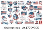 Various designs celebrating Independence Day include stars stripes and symbols of patriotism. Imagery features texts like Happy Fourth of July and Made in USA.