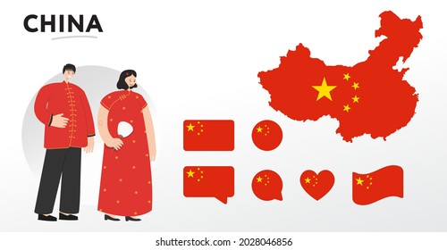 Various designs of the China flag and map. World flags. Vector set. Circle icon. Brush stroke. Template for independence day. Cartoon characters in traditional costume. 
