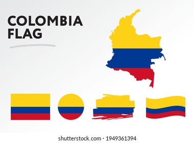Varios diseños de la bandera y mapa de Colombia. Banderas del mundo. Conjunto de vectores. Círculo. Toco de pincel. Plantilla para el día de la independencia.