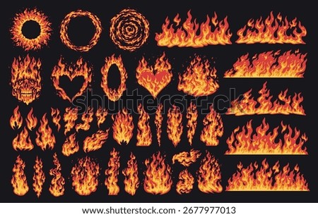 Various designs combining fire shapes including flames circles and symbols like hearts. The colors range from bright orange to deep red showcasing dynamic and captivating visuals.