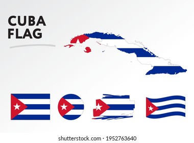 Varios diseños de la bandera y mapa de Cuba. Banderas del mundo. Conjunto de vectores. Círculo. Toco de pincel. Plantilla para el día de la independencia.