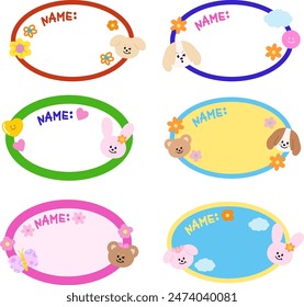 Various designs of cute name tags with puppy, bunny, teddy bear, heart, flower, butterfly for back to school, sticker, card, print, masking tape, social media, decorations, memo, sticky note, animal