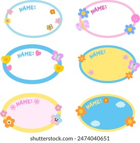 Various designs of cute name tags with heart, flower, butterfly, cloud for back to school, sticker, card, print, masking tape, social media, decorations, memo, sticky note, picnic, summer, garden