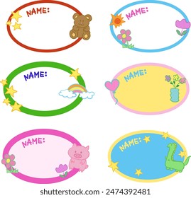 Various designs of cute name tags with teddy bear, flowers, sun, rainbow, pig, dinosaur for back to school, sticker, card, print, masking tape, decorations, memo, sticky note, animal, floral, summer