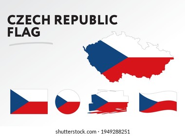 Varios diseños de la bandera y mapa de la República Checa. Banderas del mundo. Conjunto de vectores. Círculo. Toco de pincel. Plantilla para el día de la independencia.