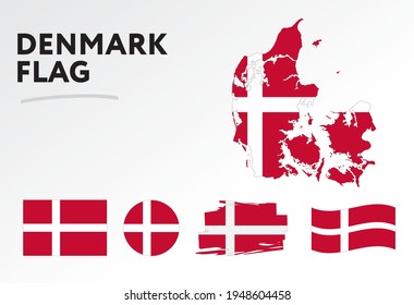 Various designs of the Denmark flag and map. World flags. Vector set. Circle icon. Brush stroke. Template for independence day.