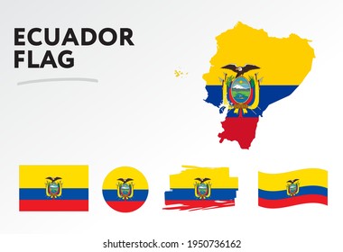 Varios diseños de la bandera y mapa ecuatoriano. Banderas del mundo. Conjunto de vectores. Círculo. Toco de pincel. Plantilla para el día de la independencia.
