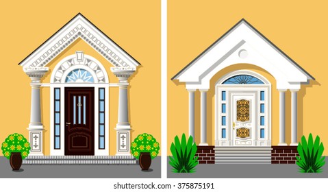 various designs of the entry doors  on background of the yellow wall