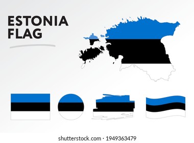 Varios diseños de la bandera y mapa de Estonia. Banderas del mundo. Conjunto de vectores. Círculo. Toco de pincel. Plantilla para el día de la independencia.