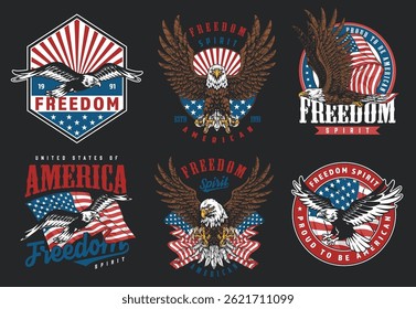 Various designs feature eagle motifs and American flags. Emphasizing themes of freedom and patriotism these graphics showcase vibrant colors and intricate details.