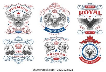 Various designs feature eagles and symbols of quality emphasizing premium craftsmanship. Each design represents strength heritage and American pride through different artistic styles.