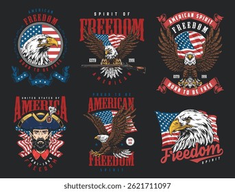 Various designs featuring eagles a pirate and the American flag embody themes of freedom and patriotism. The graphics celebrate American spirit through powerful symbols and bold text.