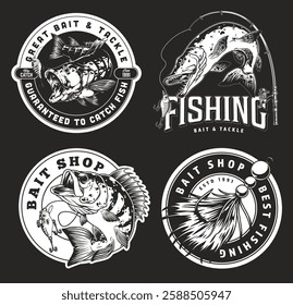 Various designs featuring fishing bait and tackle illustrations. Each design emphasizes fishing themes showcasing fish species and fishing gear used for outdoor activities.