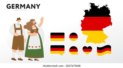 Varios diseños de la bandera y mapa de Alemania. Banderas del mundo. Conjunto de vectores. Círculo. Toco de pincel. Plantilla para el día de la independencia. Personajes de caricatura con traje tradicional. 