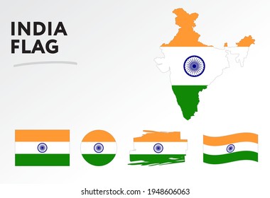 Varios diseños de la bandera y mapa de la India. Banderas del mundo. Conjunto de vectores. Círculo. Toco de pincel. Plantilla para el día de la independencia.