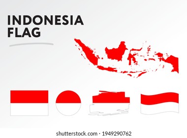 Verschiedene Designs der Flagge und Karte Indonesiens. Weltflaggen. Vektorset. Circle Icon. Pinselstrich. Vorlage für den Unabhängigkeitstag.