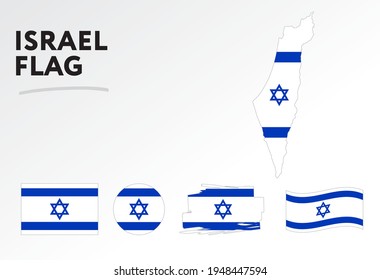Various designs of the Israel flag and map. World flags. Vector set. Circle icon. Brush stroke. Template for independence day.