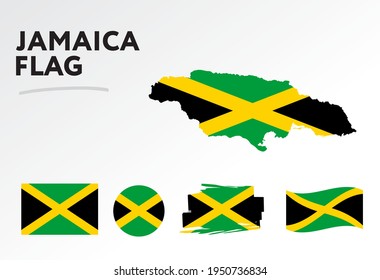 Various designs of the Jamaica flag and map. World flags. Vector set. Circle icon. Brush stroke. Template for independence day.