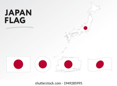 Verschiedene Designs der japanischen Flagge und Karte. Weltflaggen. Vektorset. Circle Icon. Pinselstrich. Vorlage für den Unabhängigkeitstag.