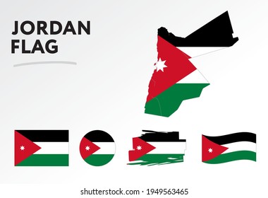 Varios diseños de la bandera y mapa de Jordania. Banderas del mundo. Conjunto de vectores. Círculo. Toco de pincel. Plantilla para el día de la independencia.