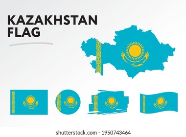 Various designs of the Kazakhstan flag and map. World flags. Vector set. Circle icon. Brush stroke. Template for independence day.