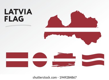 Various designs of the Latvia flag and map. World flags. Vector set. Circle icon. Brush stroke. Template for independence day.