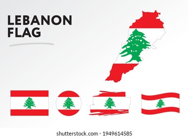 Varios diseños de la bandera y mapa del Líbano. Banderas del mundo. Conjunto de vectores. Círculo. Toco de pincel. Plantilla para el día de la independencia.