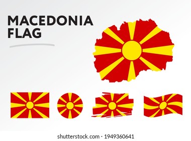 Various designs of the Macedonia flag and map. World flags. Vector set. Circle icon. Brush stroke. Template for independence day.