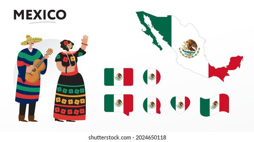 Various designs of the Mexico flag and map. World flags. Vector set. Circle icon. Brush stroke. Template for independence day.Cartoon characters in traditional costume. 