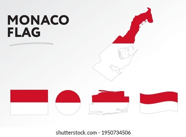 Various designs of the Monaco flag and map. World flags. Vector set. Circle icon. Brush stroke. Template for independence day.