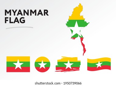 Various designs of the Myanmar flag and map. World flags. Vector set. Circle icon. Brush stroke. Template for independence day.