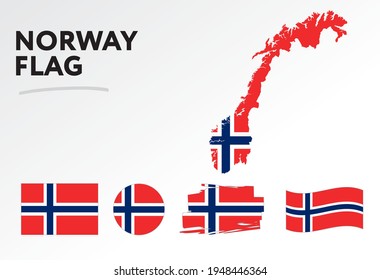 Varios diseños de la bandera y mapa de Noruega. Banderas del mundo. Conjunto de vectores. Círculo. Toco de pincel. Plantilla para el día de la independencia.