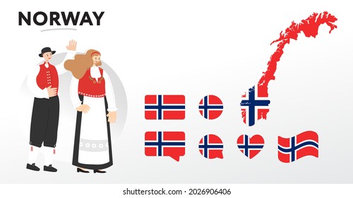 Varios diseños de la bandera y mapa de Noruega. Banderas del mundo. Conjunto de vectores. Círculo. Toco de pincel. Plantilla para el día de la independencia. Personajes de caricatura con traje tradicional. 