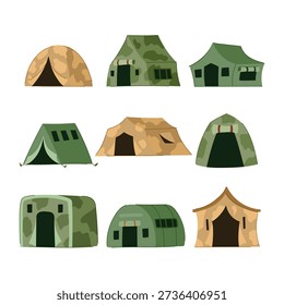 Various designs of outdoor shelters for army, emergency, survival, and adventure activities, depicting portable structures suitable for soldiers, travelers, and campers in different environments